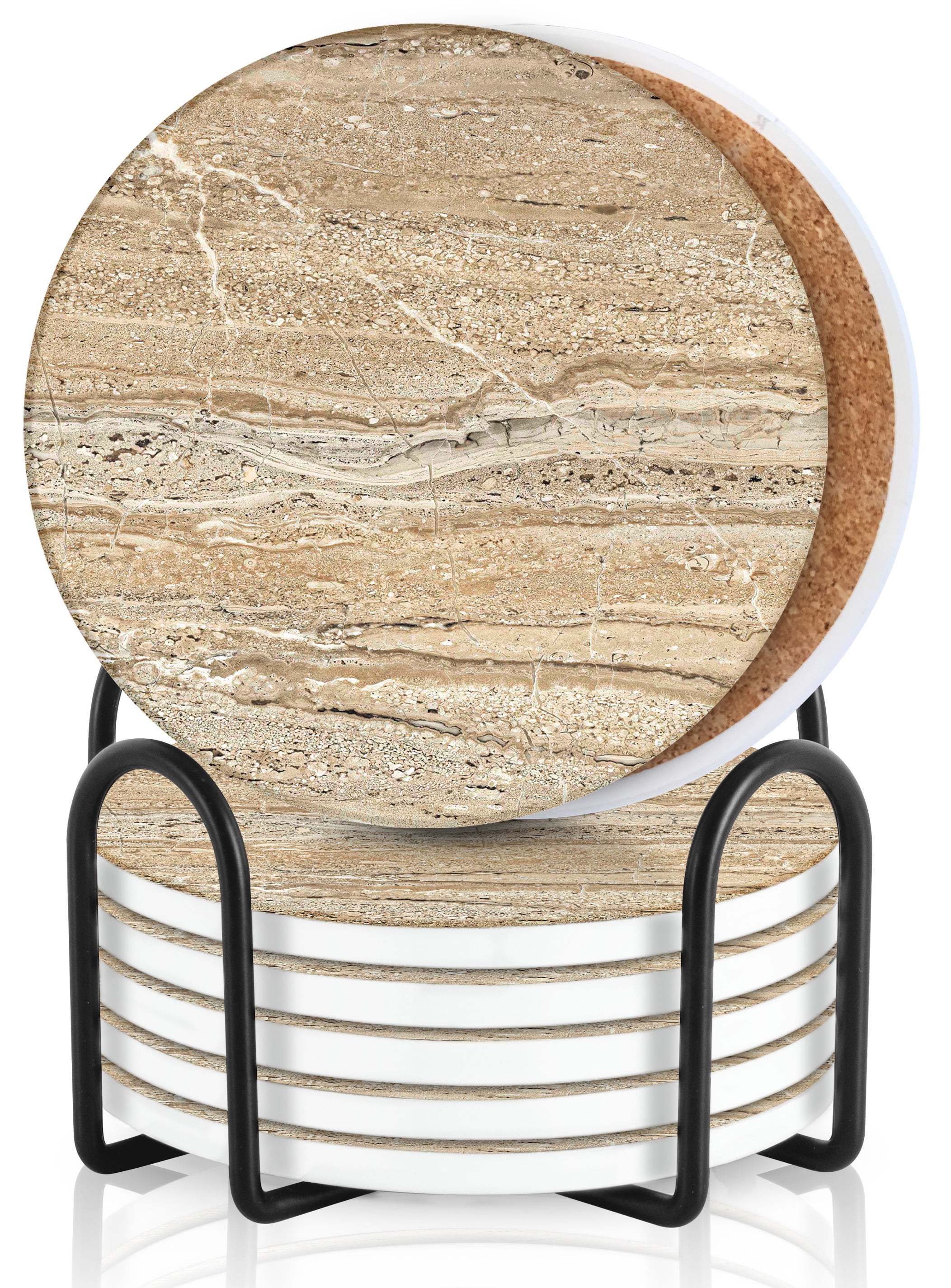 Emerson Coasters Set of 6 with Holder, Drink Coasters, Cork Backing Absorbent Table Ceramic