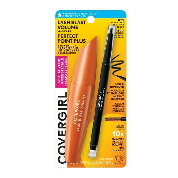 COVERGIRL Lash Blast Volume Mascara Waterproof   Perfect Point Plus Eyeliner Pencil Value Pack, 825 Very Black   Black Onyx
