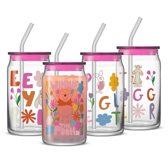 Pooh & Friends Can Tumblers w Lids & Straws, set of 4 (16oz)