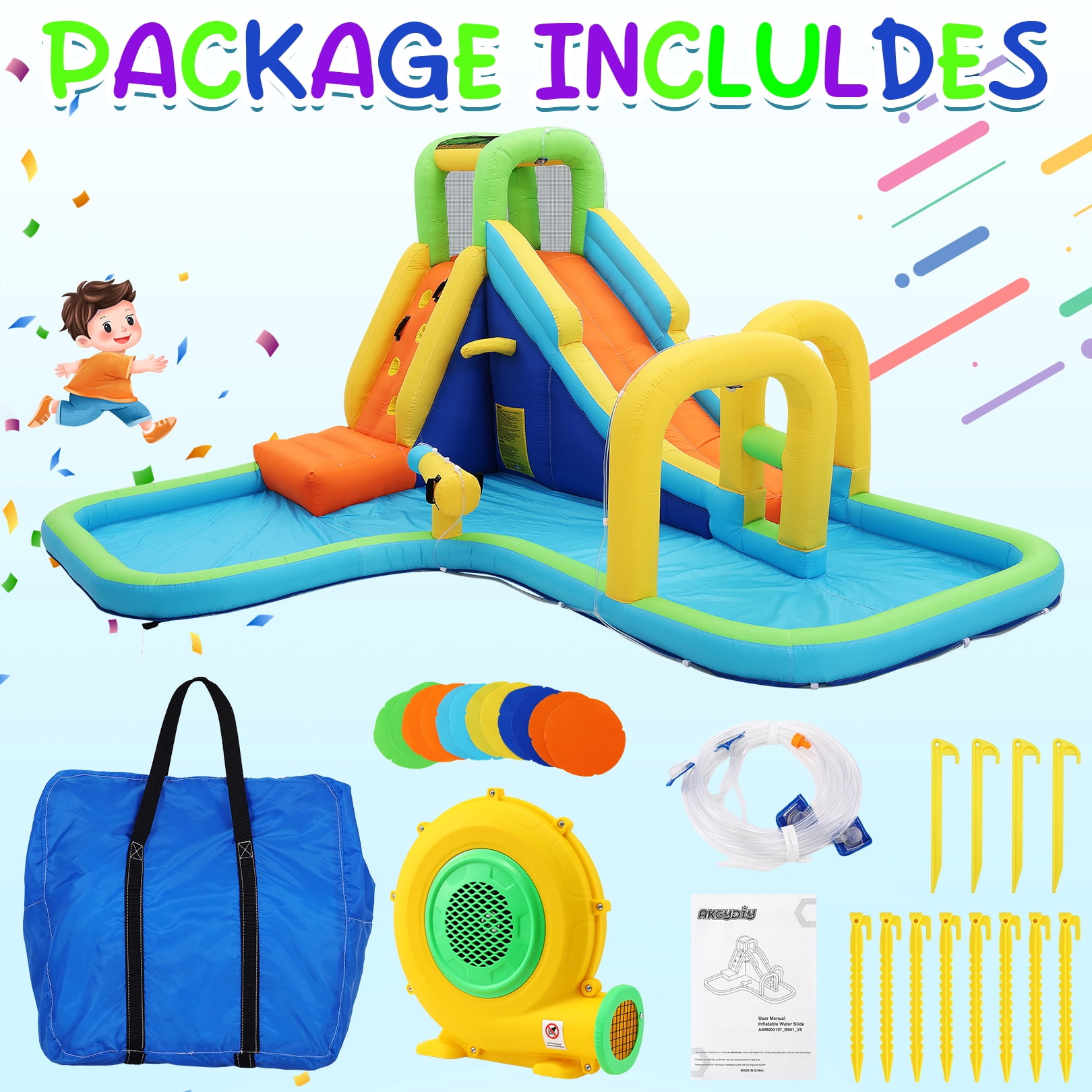 Funcid Inflatable Water Slide Bounce House for Kids, Dual Slides & Double Splash Pools, Ring Toss & Water Cannon, Arch & Overhead Sprinkler, Indoor Outdoor Play