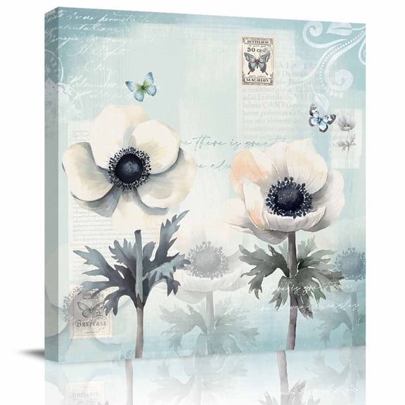 Vintage Flowers Framed Canvas Wall Art, White Flowers Butterfly Stamps Teal Blue Ombre Wall Art Painting for Living Room Bedroom Home Decor, 8”x8”, Office Artwork Print