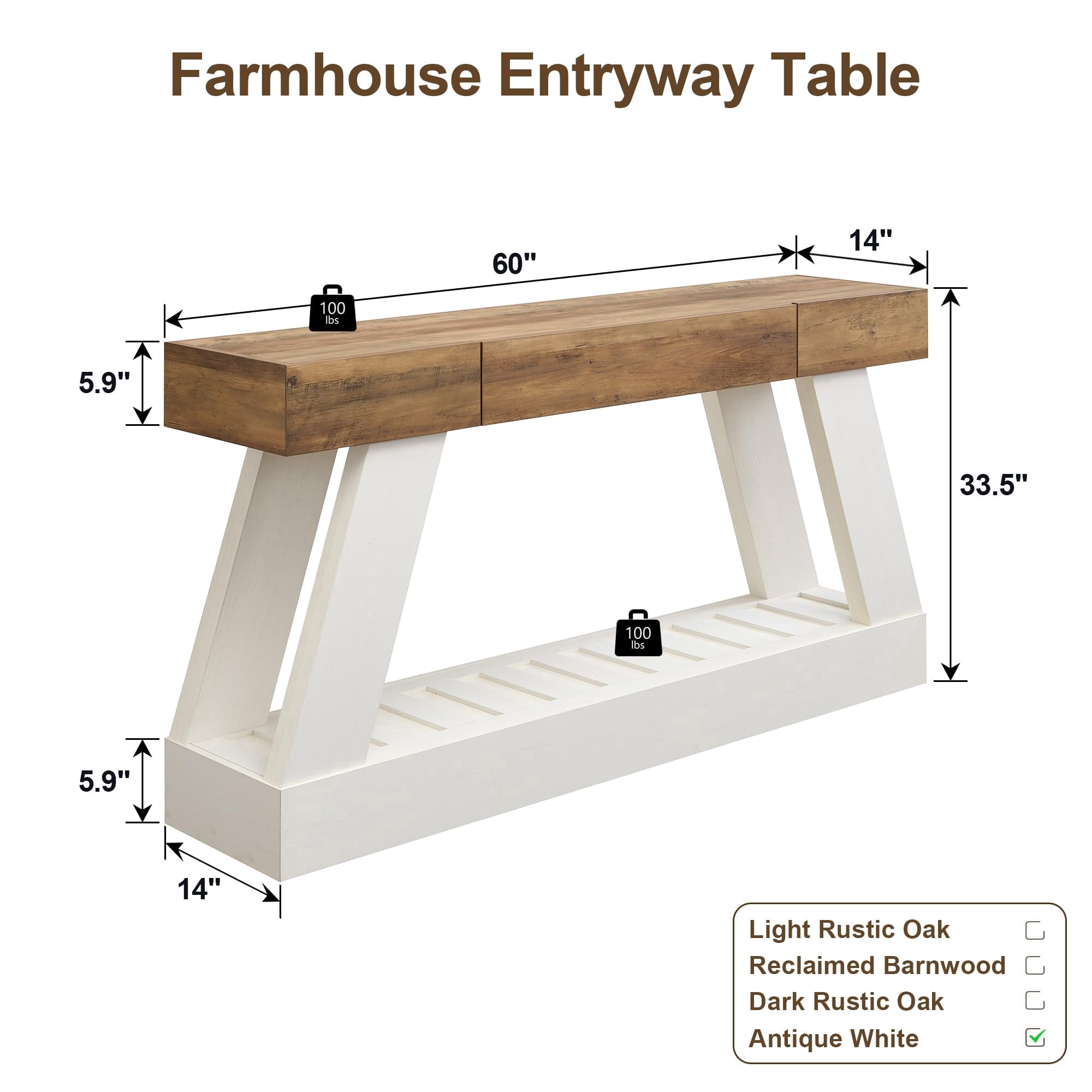 OKD 60" Wood Console Table, Farmhouse 2-Tier Sofa Table Entryway Table with Drawer & Heavy Duty Base for Entrance, Hallway, Living Room - Antique White