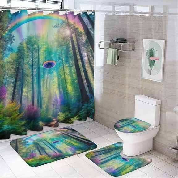 Shower Curtain Set 4 Piece include Shower Curtain and Rugs and Non Slip U Shaped Toilet Rugs Luxury Bathroom Decor Forest Scene Rainbow