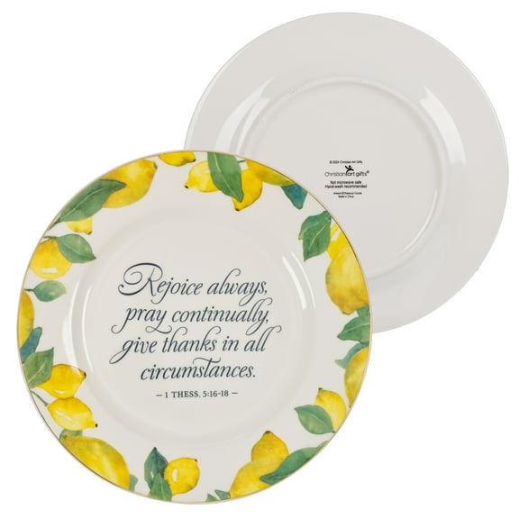 Christian Art Gifts Round 9" Decorative White Ceramic Salad & Dessert Plate for Home & Kitchen: Rejoice Always Inspirational Bible Verse, Food Safe Novelty Kitchenware, Gold Rim, Bright Yellow Lemons