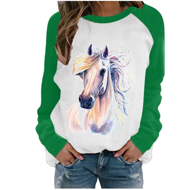 Moda mujer primavera otoño Color a juego impreso manga larga cuello redondo Casual camisetas Pompotops gfhjh18603