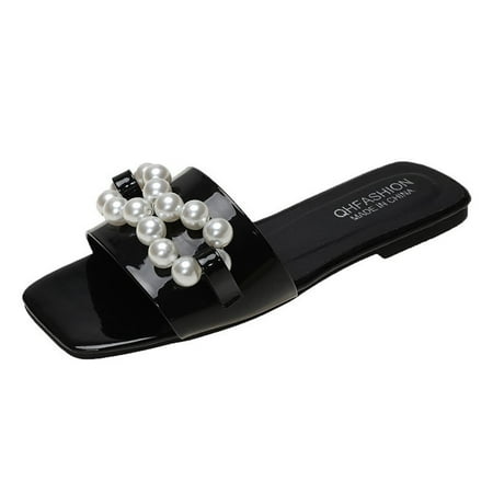 

Summer Fashion Big Size Flat-Bottomed Pearl Square Head Beach Sandals