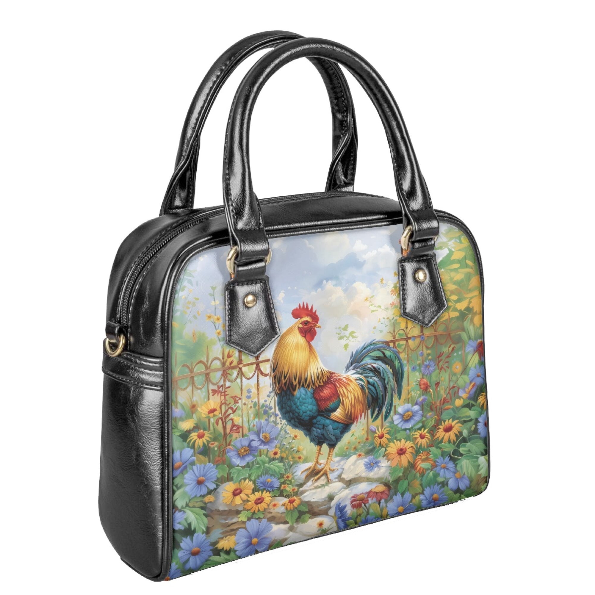 Tutolipy Rooster Flower Printed Satchel Purse and Handbag with Top Handle for Women Girls, Crossbody Shoulder Bag Clutch Handbag for Shopping, Blue