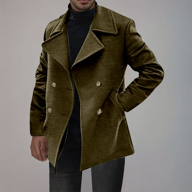 Classic Men's Trench Coat, Casual Solid Color Polyester Long Sleeve Outerwear with Button Closure and Pockets for Fall Winter Daily Wear