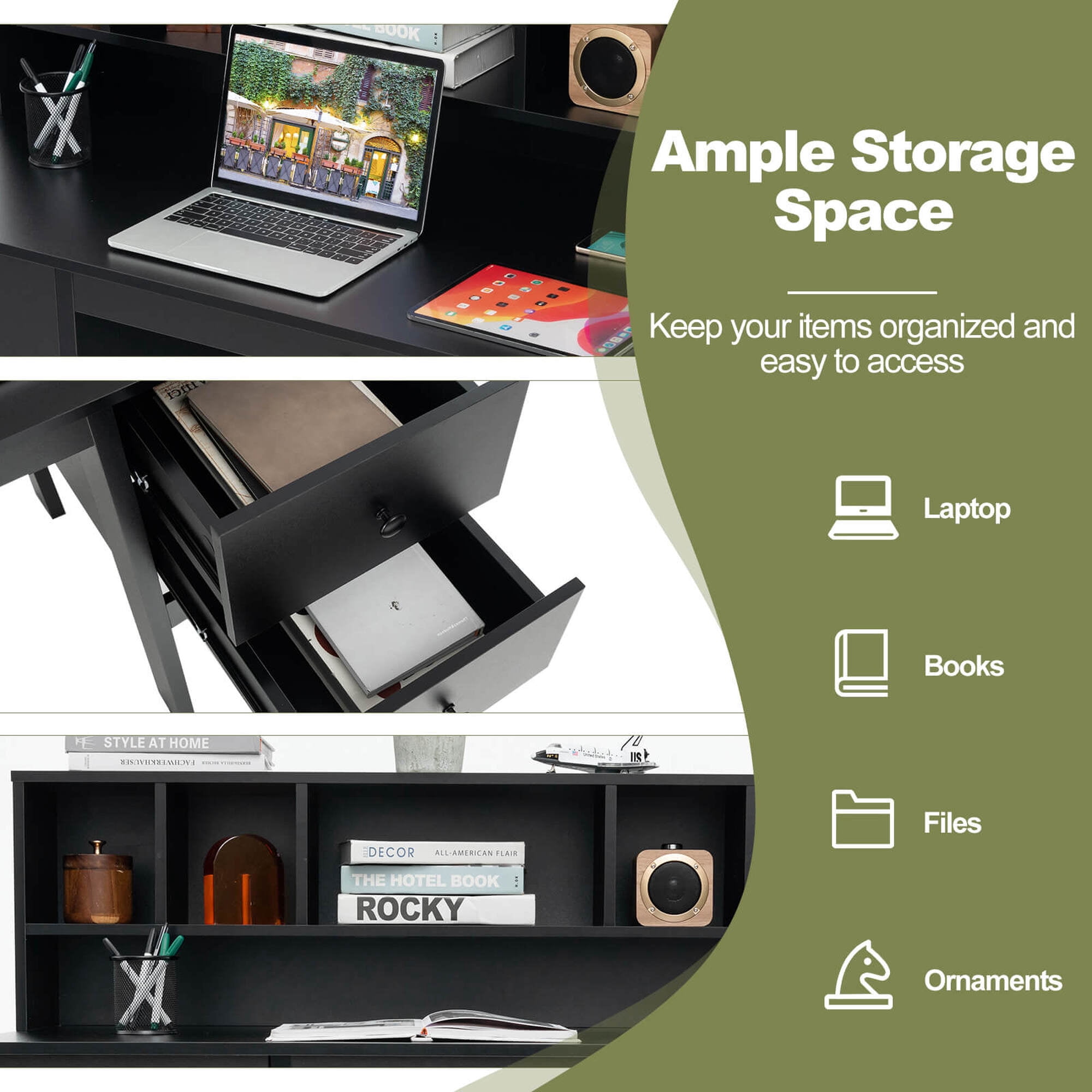 Costway 48" Computer Desk with Power Outlets Type-C 5-Cubby Hutch & 2 Storage Drawers Black