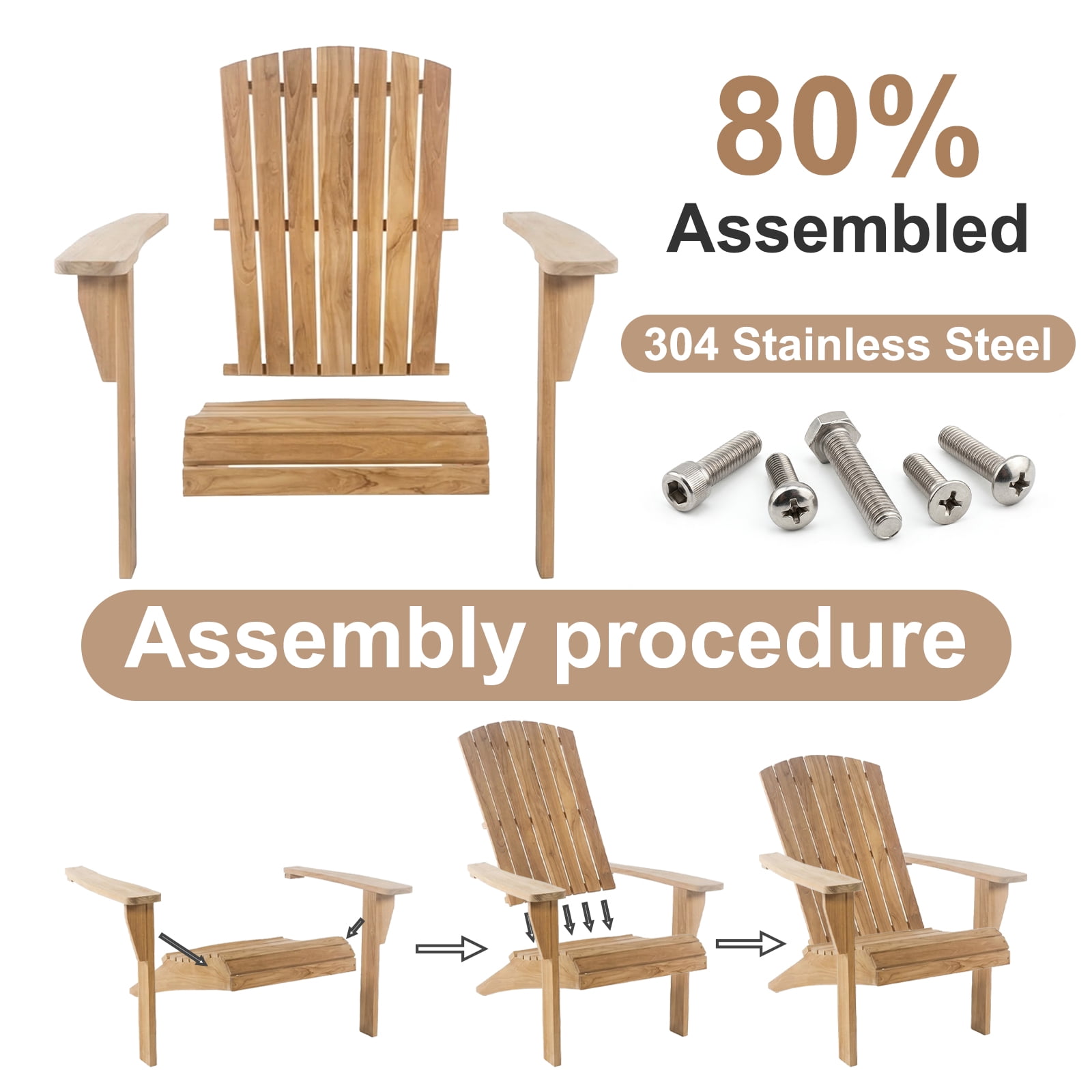 Outdoor Wooden Adirondack Chair, Teak Leisure Line Adirondack Chair All Weather Fire Pit Chair Suitable for Patio Lawn Gardens Terraces Poolside