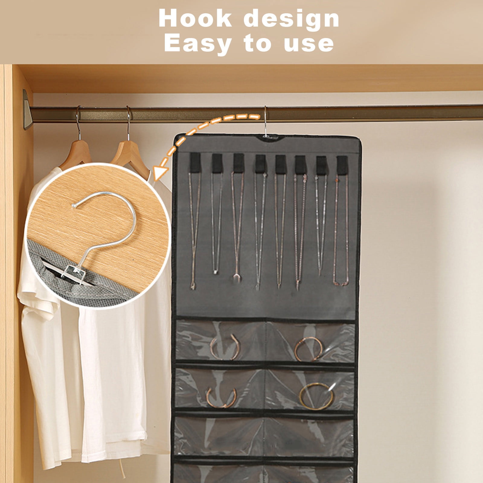 Rouleau De Rangement à Suspendre Pour Bijoux Avec Cintre Rotatif à 360 Degrés, Double Face, Organiseur De Chaîne De Bijoux Avec Grandes Poches Zippées Et Crochets Pour Bagues, Bracelets, (83 Cm, Noir