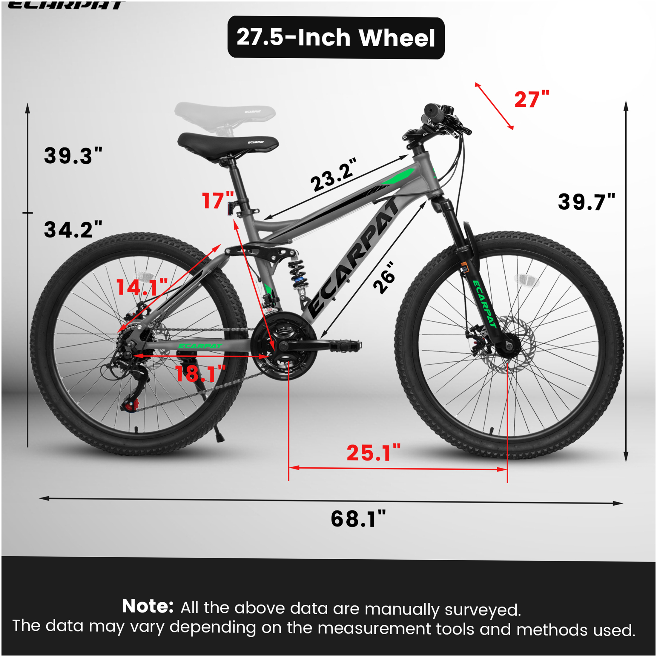 JERFIT 27.5 Inch Full Suspension Mountain Bike for Adults, 21 Speed Gears, Dual Mechanical Disc Brakes, Carbon Steel Frame, All-Terrain Bicycle for Men & Women, Grey