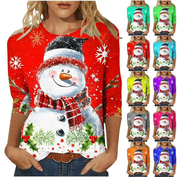 GERsome Womens Christmas Tops Women's Cute Xmas Snowman Shirts Funny Graphic 3/4 Length Sleeve Tops Round Neck Shirt Basic Ladies Clothing Size L