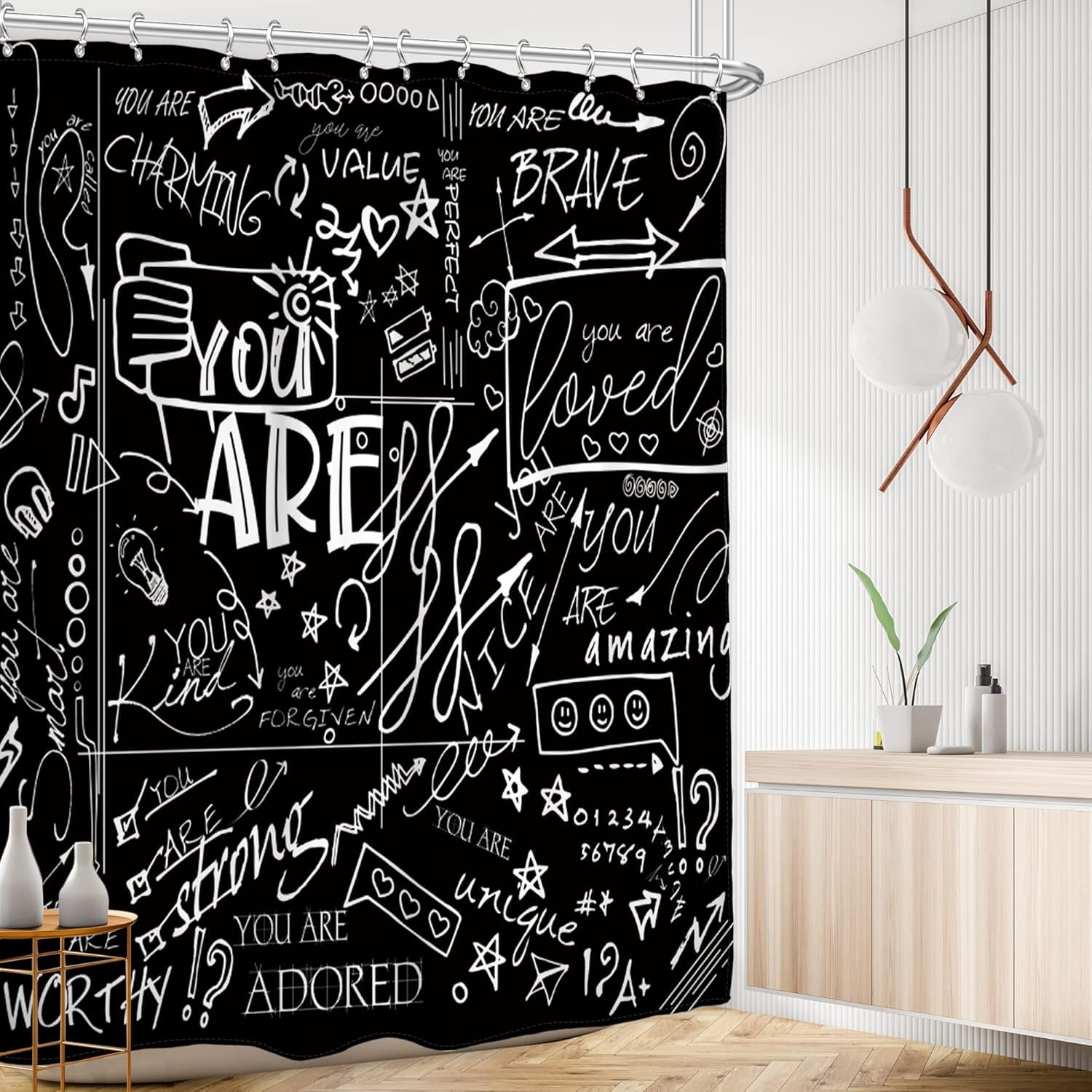 Black Funny Quotes Shower Curtain 72Wx72L Inch for Kids Teens White Inspirational You are Graffiti Abstract Aesthetic Motivational Artwork Cloth Fabric Bathroom Decor Set 12 Pack Hooks
