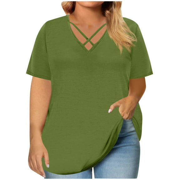 Tops For Women Trendy Sevevn Women's Oversized V-Neck Short Sleeved Solid Summer Base Shirt Sports T-Shirt