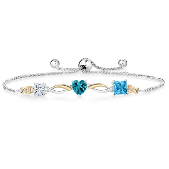 Gem Stone King 925 Silver and 10K Yellow Gold Moissanite London Blue Topaz Swiss Blue Topaz and Lab Grown Diamond Tennis Bracelet for Women By Keren Hanan (2.25 cttw, Adjustable up To 9 inch)