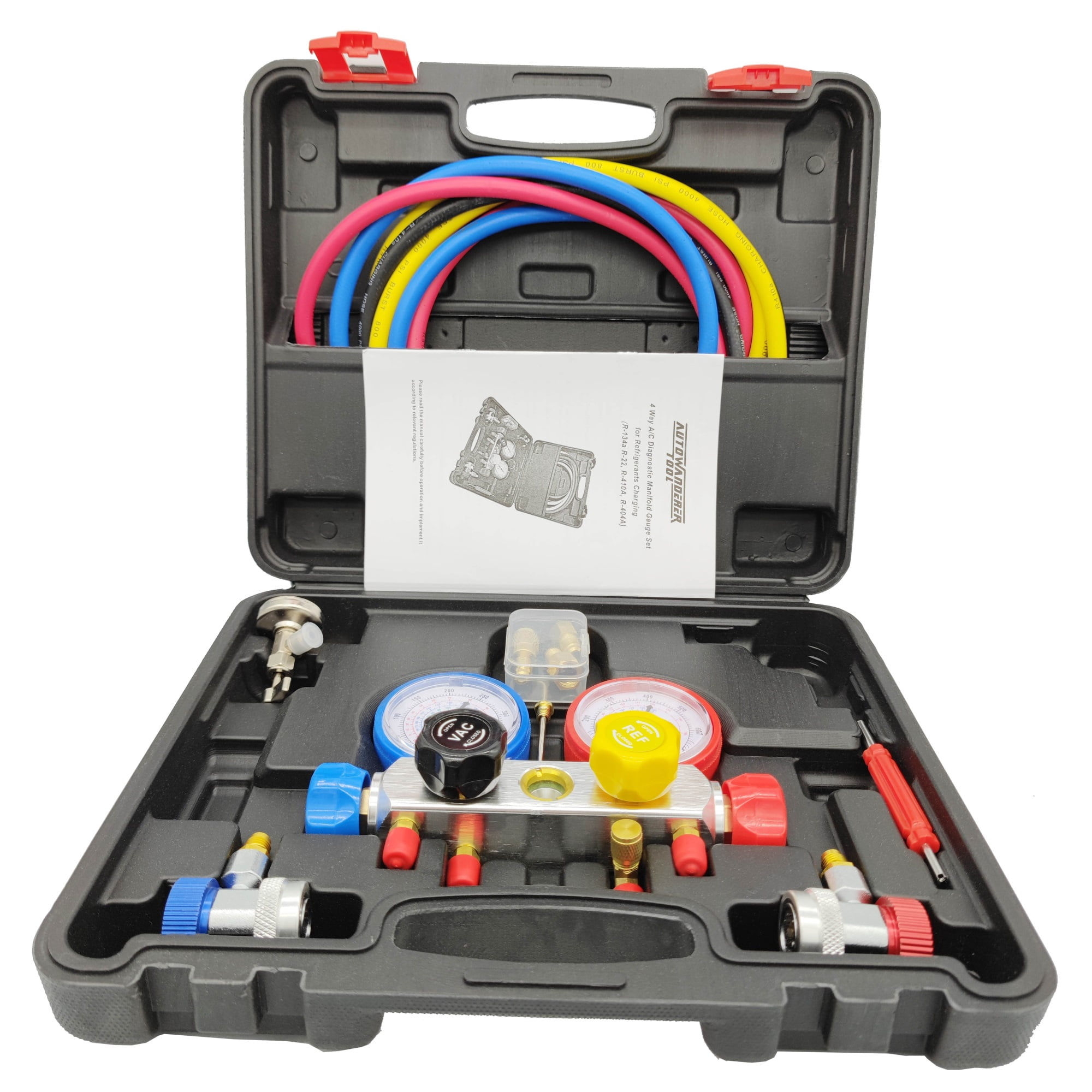 4 Way AC Manifold Gauge Set HVAC Diagnostic Freon Charging Tool For Auto Household R134A R22 R410A 5FT Hose Quick Coupler
