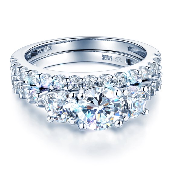 Wellingsale Ladies Solid 14k White Gold Polished CZ Cubic Zirconia Round Cut Three 3 Stone Engagement Ring with Side Stones and Wedding Band Bridal Set - Size 4