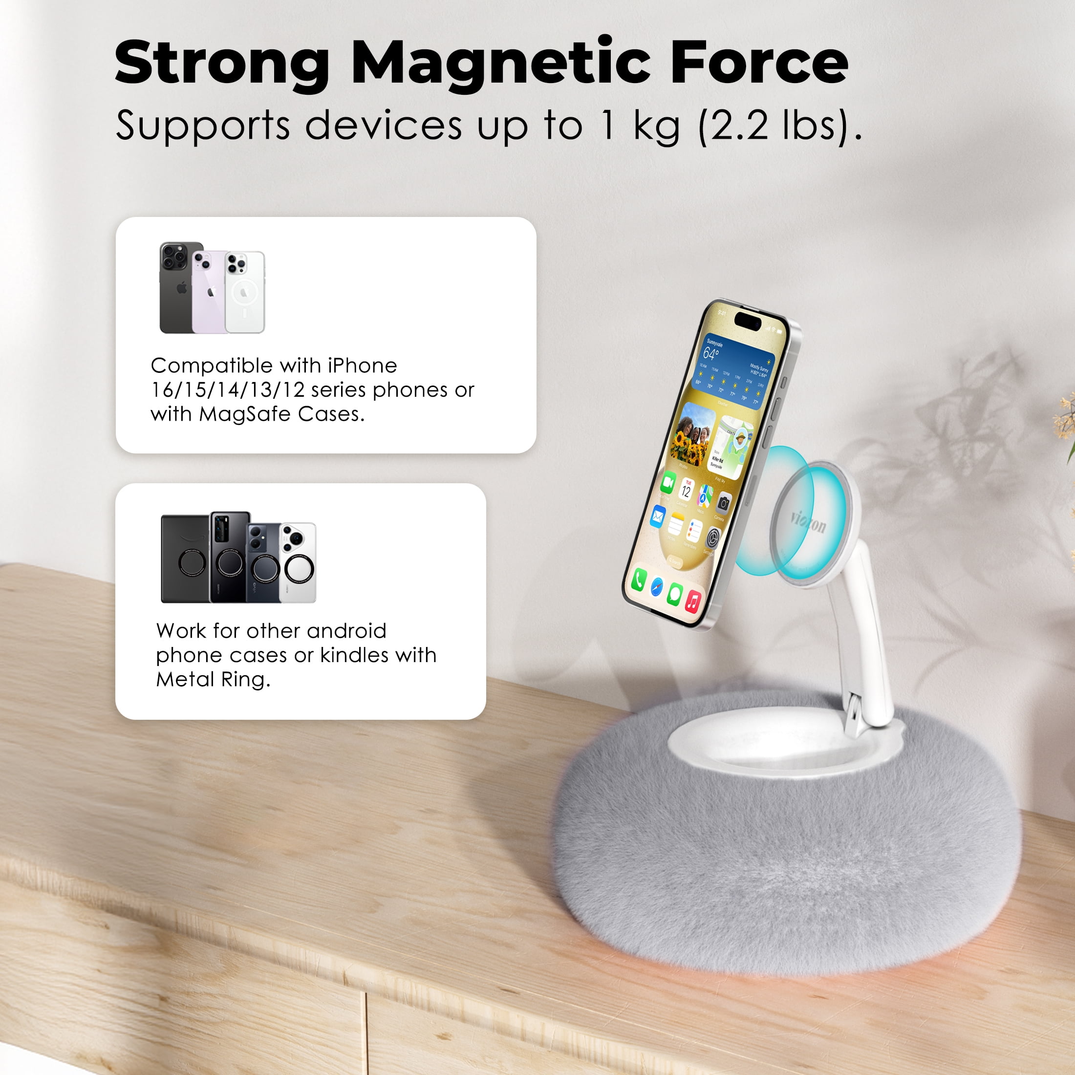 Viozon Phone Holder for Bed, Magnetic Pillow Stand, Compatible with 4-7" devices with Small Storage,Grey
