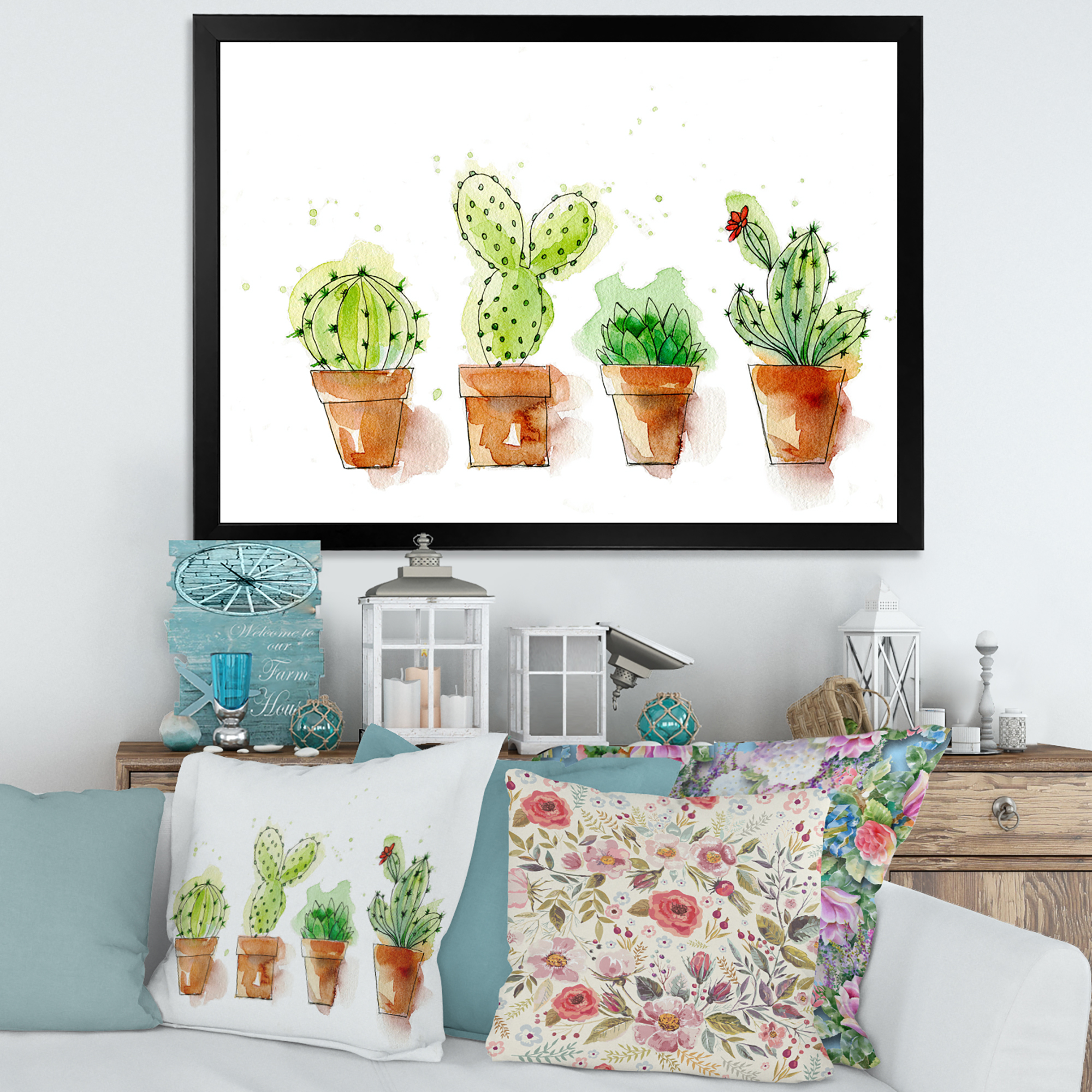 Designart 'Cacti In Gentle Tones In Ceramic Pots I' Traditional Framed Art Print