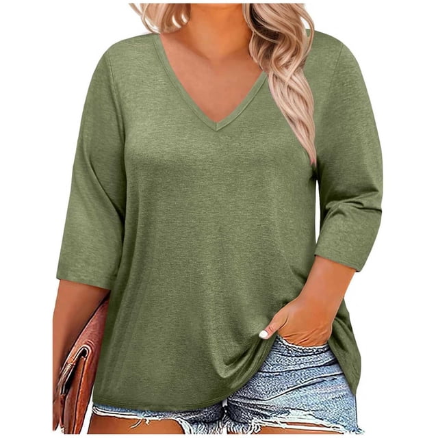 BLVB Womens Plus Size T-Shirts V Neck 3/4 Sleeve Tops Spring Fall Shirts Casual Basic Loose Fit Tunic Tees Clothes