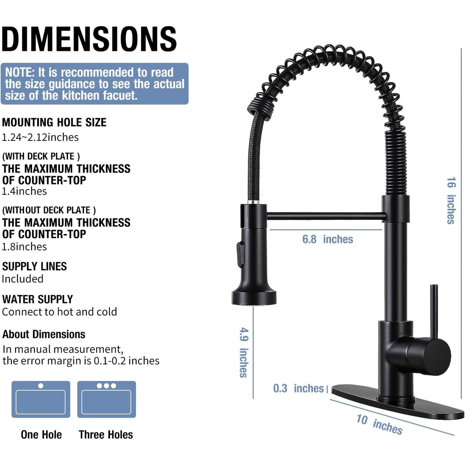 DTIG Black Kitchen Faucet, Pull-Out Sprayer, Brushed Nickel, Dual-Function, Includes Deck Plate, Water Pipes