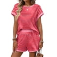 thumbnail image 1 of Conjuntos de Verano 2 Piezas para Mujer, Camiseta Corta A Rayas y Pantalones Cortos, Conjunto Ropa Estar por Casa Juego Rosa L, 1 of 5
