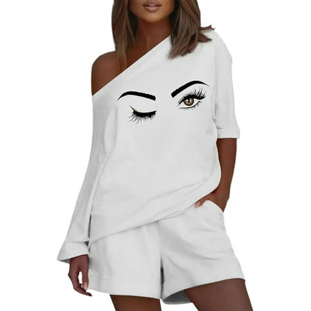 

Rejlun Women Nightwear Slash Neck Loungwear Tops And Shorts Sleepwear Casual Pajamas Baggy Daily Wear Pjs White Eyes XL