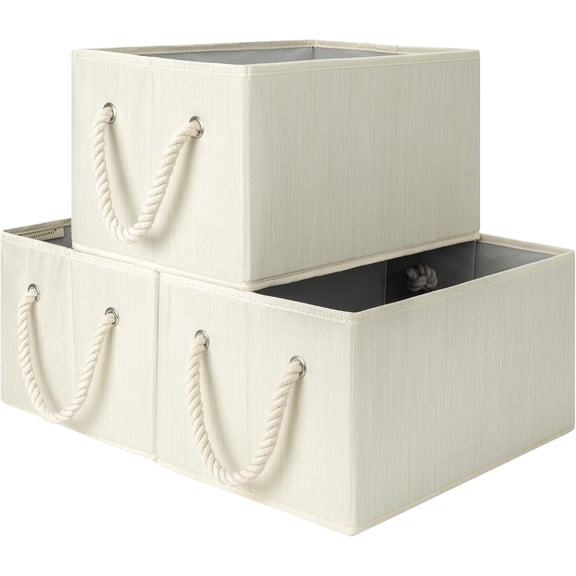 StorageWorks Large Storage Baskets for Shelves, Foldable Fabric Storage Bins for Closet Organization, 3-Pack, Beige, White & Ivory