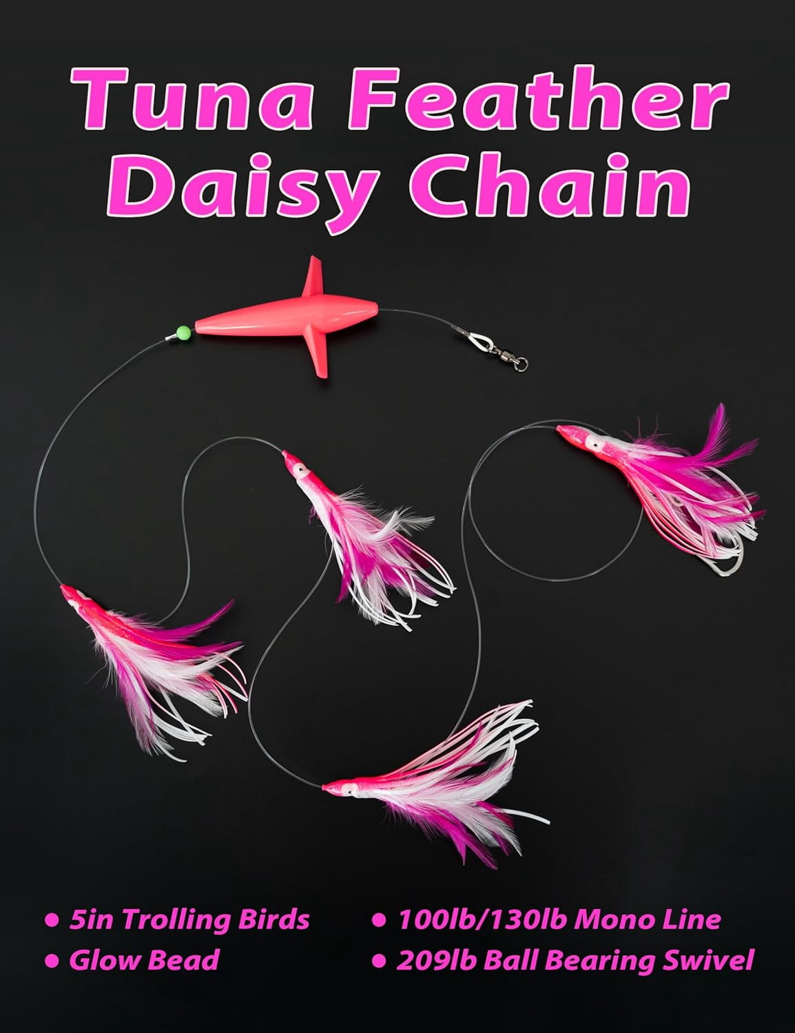 BLUEWING Tuna Feather Daisy Chain Squid Chain Fishing Teaser Lure with 4in Feathered Trolling Squids and Stainless Steel Trolling Hook Big Game Trolling Lure for Tuna Mahi Wahoo Marlin, Pink