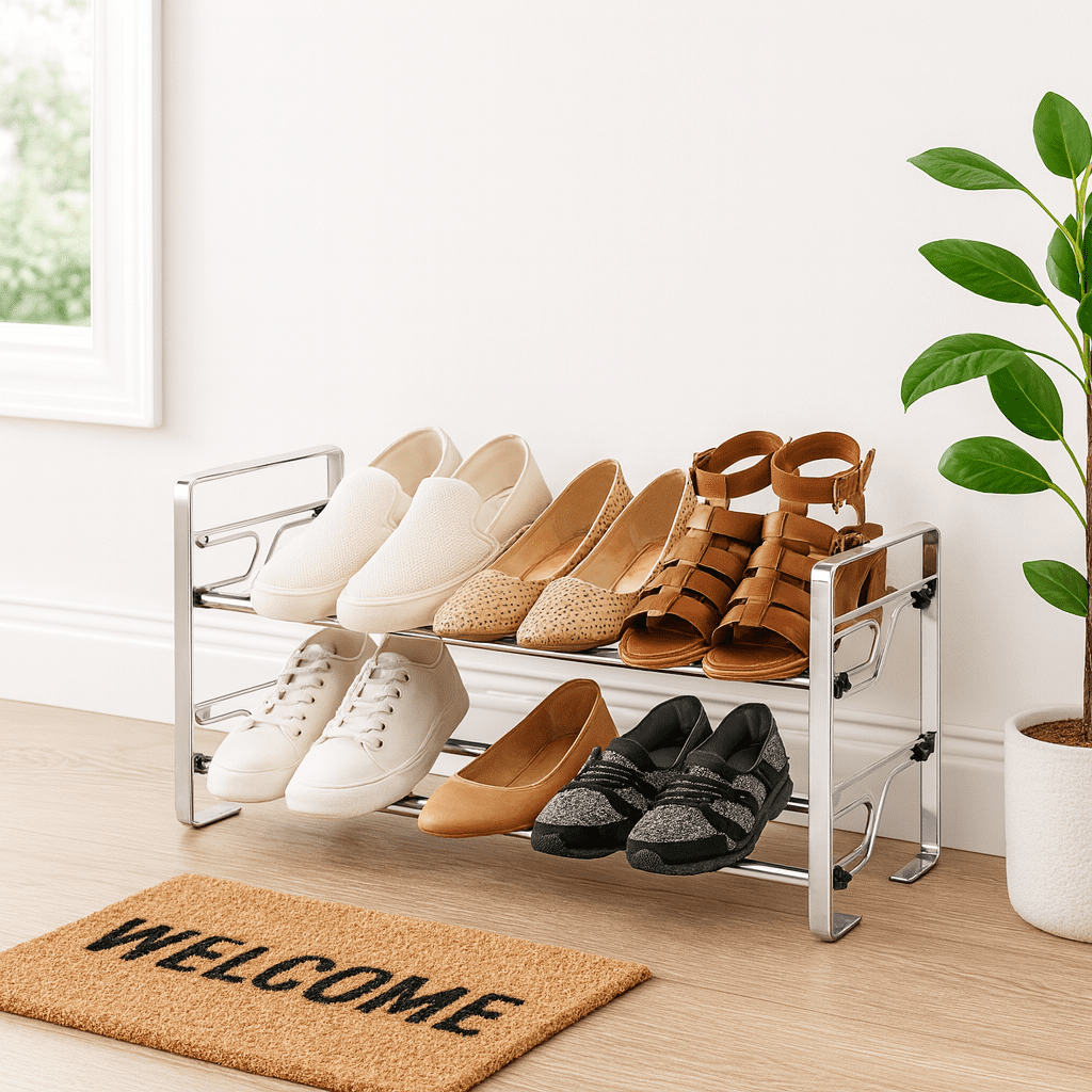 USTECH 2-Tier Metal Shoe Rack, Chrome Adjustable Shoe Storage Organizer with Slide-and-Adjust Shelves, Space-Saving Design, Easy Setup