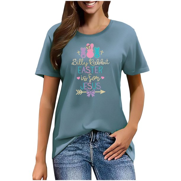 Mujeres Manga Corta de Verano Tops Pascua Impresa Cuello Redondo, Blusa de Moda Casual para la Primavera
