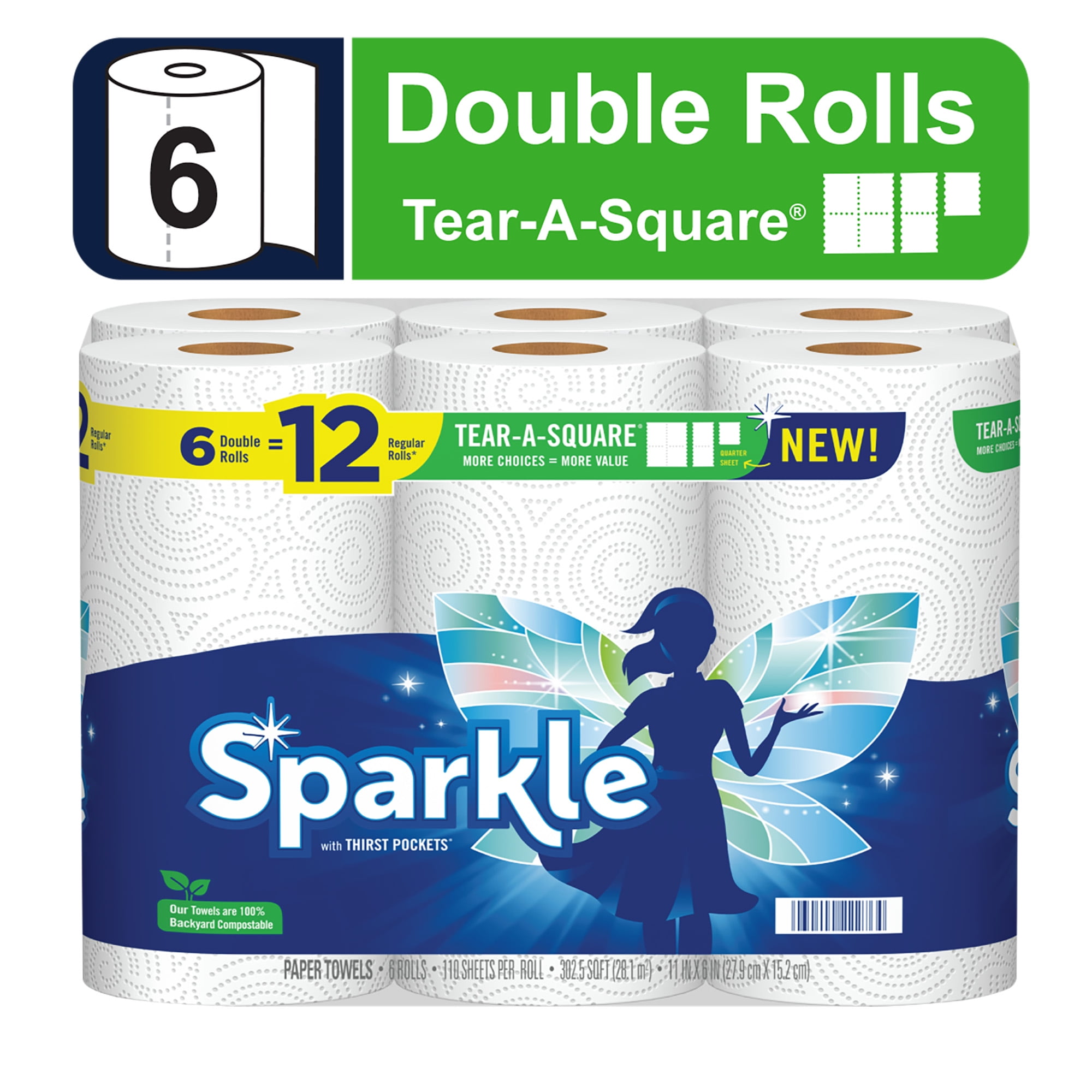 Sparkle Tear-A-Square Paper Towels, White, 6 Double Rolls
