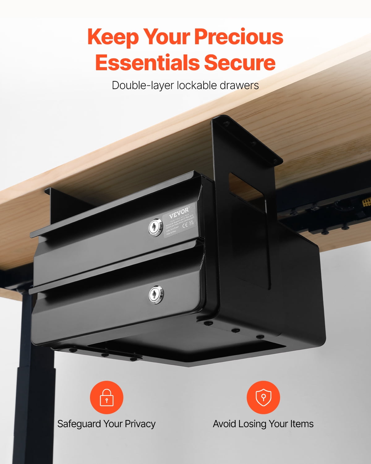 VEVOR 13" Wide Under Desk Drawer Slide Out, Under Desk Pull Out Drawer Attachment, Hidden Desktop 2-Tier Storage Organizer, Lockable Under Desk Pencil Drawer for Sit-Stand Workstation, 14x13x10 In