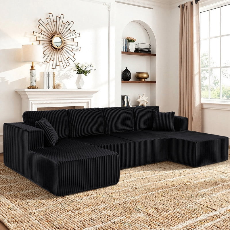 161" Oversized U Shaped Modular Sectional Sofa, Compressed Sofa in a Box, Modern Corduroy Deep Seat Couch, No Assembly Large Sectional Sofa for Living Room, Apartment, Bedroom, Black