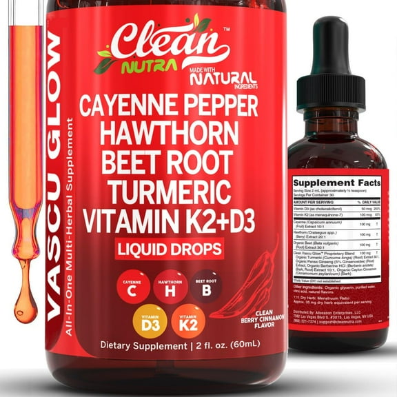 Clean Nutra Cayenne Pepper Drops Supplement Liquid   Hawthorn Berry, Vitamin D3 K2 Beet Root Powder, Ceylon Cinnamon, Turmeric Curcumin, Organic Panax Ginseng, Berberine Extract 1