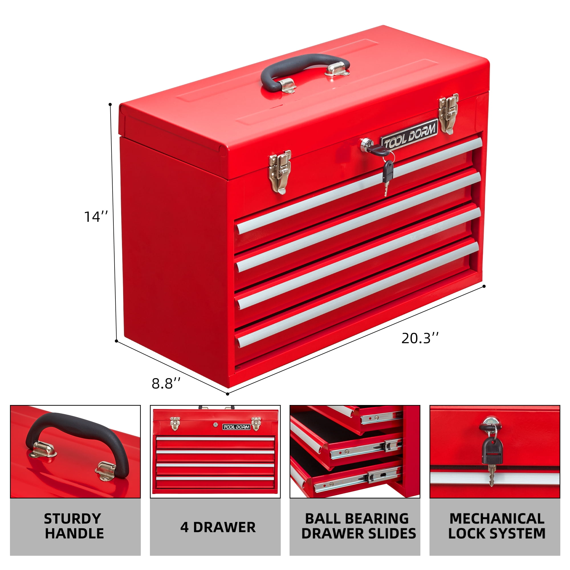 Metal Tool Box with 4 Drawers Portable Steel Tool Chest with Metal Cylinder Lock and Latch Closure, Liner, Red Powder Coating, Suitable for Garage, Warehouse and Outdoor