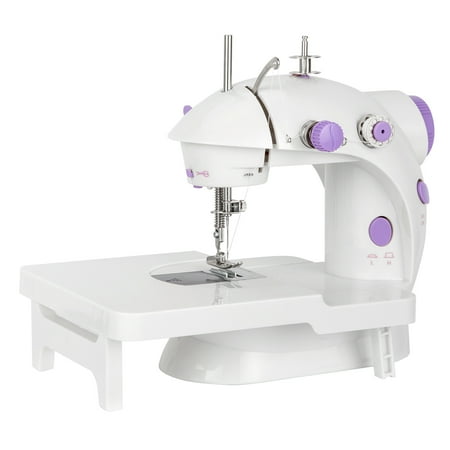 Mini Sewing Machine, Portable Crafting Mending Machine with Extension Table, White & Purple (Style 1)