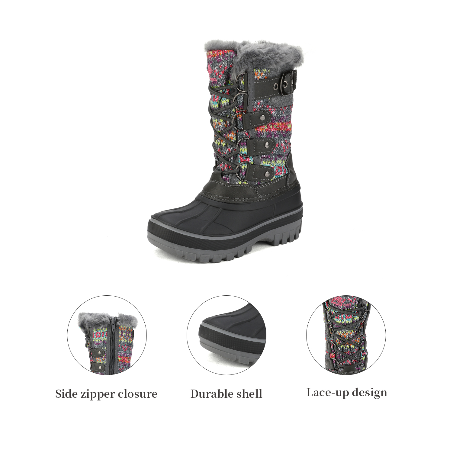 DREAM PAIRS Ankle Snow Boots Boys Girls Winter Warm Lace Up Waterproof Boots Shoes KRIVER-1 GREY/MULTI Size 6 - image 2 of 3