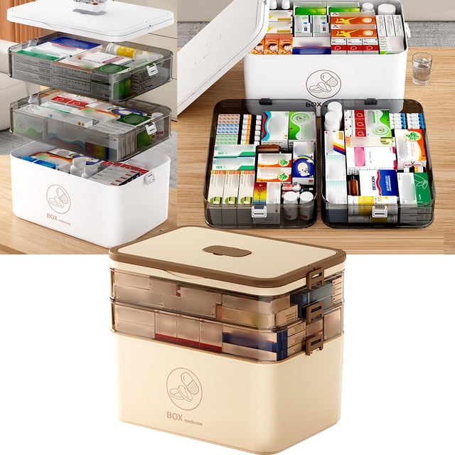 KDSJSXW 3-Tier Medicine Storage Box, Empty Family Emergencies First Aid Kit Container, Portable Plastic Medicine Storage Organizer Holder Multipurpose Box with Handle for Home, Travel