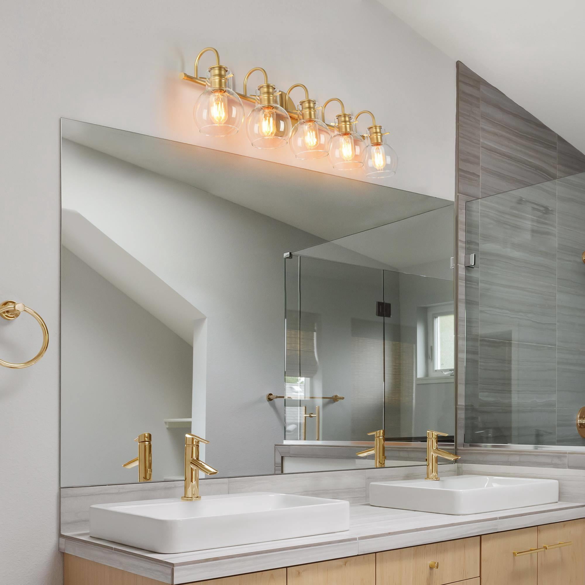 LNC 5-Light Gold Round Clear Glass Modern Bathroom Vanity Lighting Fixutre,25.5"Lx9"Hx7"D
