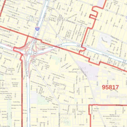 Sacramento, California Zip Codes - 36" x 48" Paper Wall Map