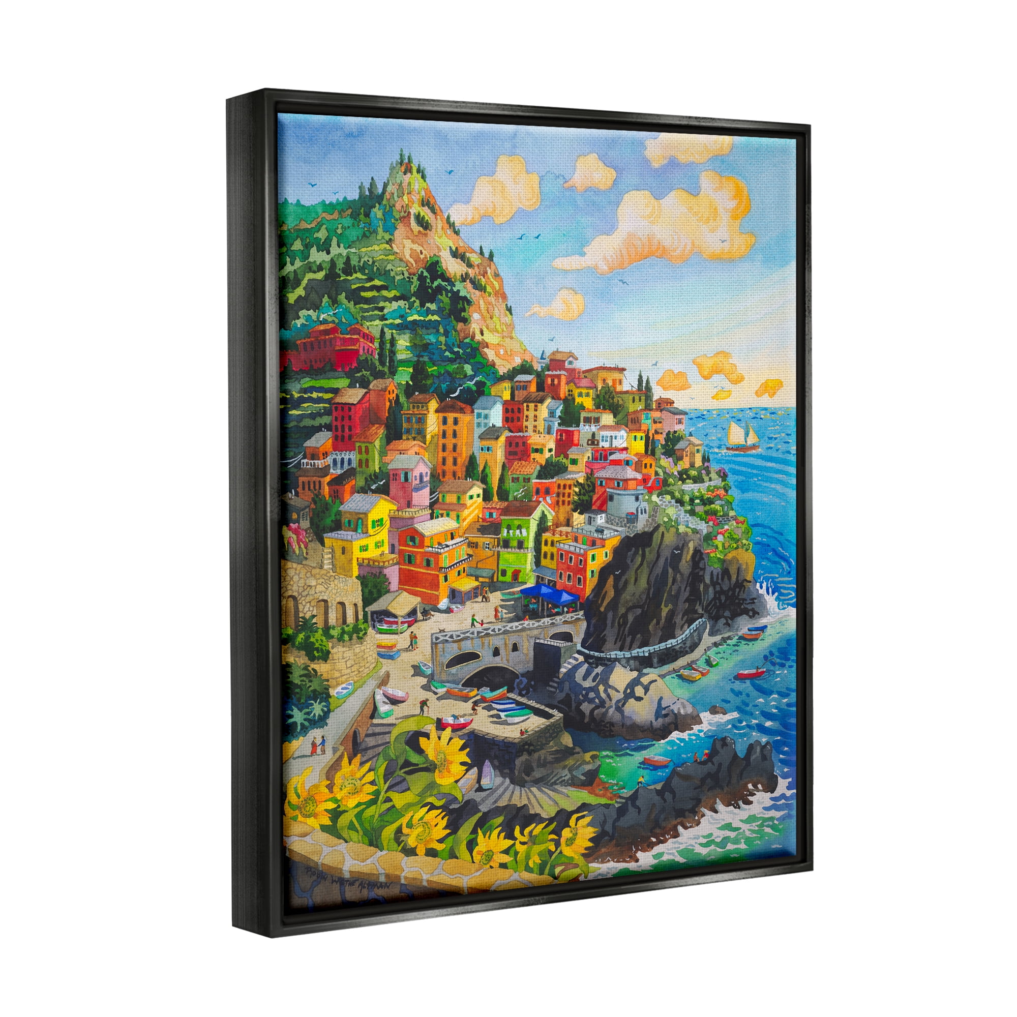 Stupell Industries Cinque Terre View Travel & Places Painting Black Floater Framed Art Print Wall Art, 17 x 21