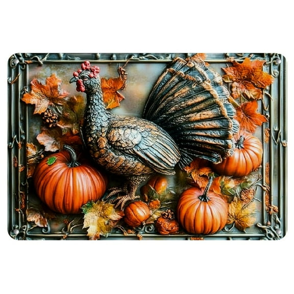 Vintage Pumpkin & Turkey Metal Sign - 12x8" Iron Wall Art for Home, Garage, Cafe, Bar Decor - Perfect Thanksgiving Gift