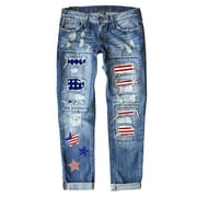 Astylish American Flag Patchwork Ripped Jeans for Women Straight Leg Skinny Denim Pants with Pockets