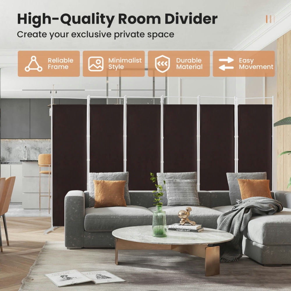 Spaco 6-Panel Room Divider Folding Privacy Screen, Privacy Screen with 7 Large Adjustable Foot Pads and 2 Support Tubes, Room Divider for Indoor as Home, Brown
