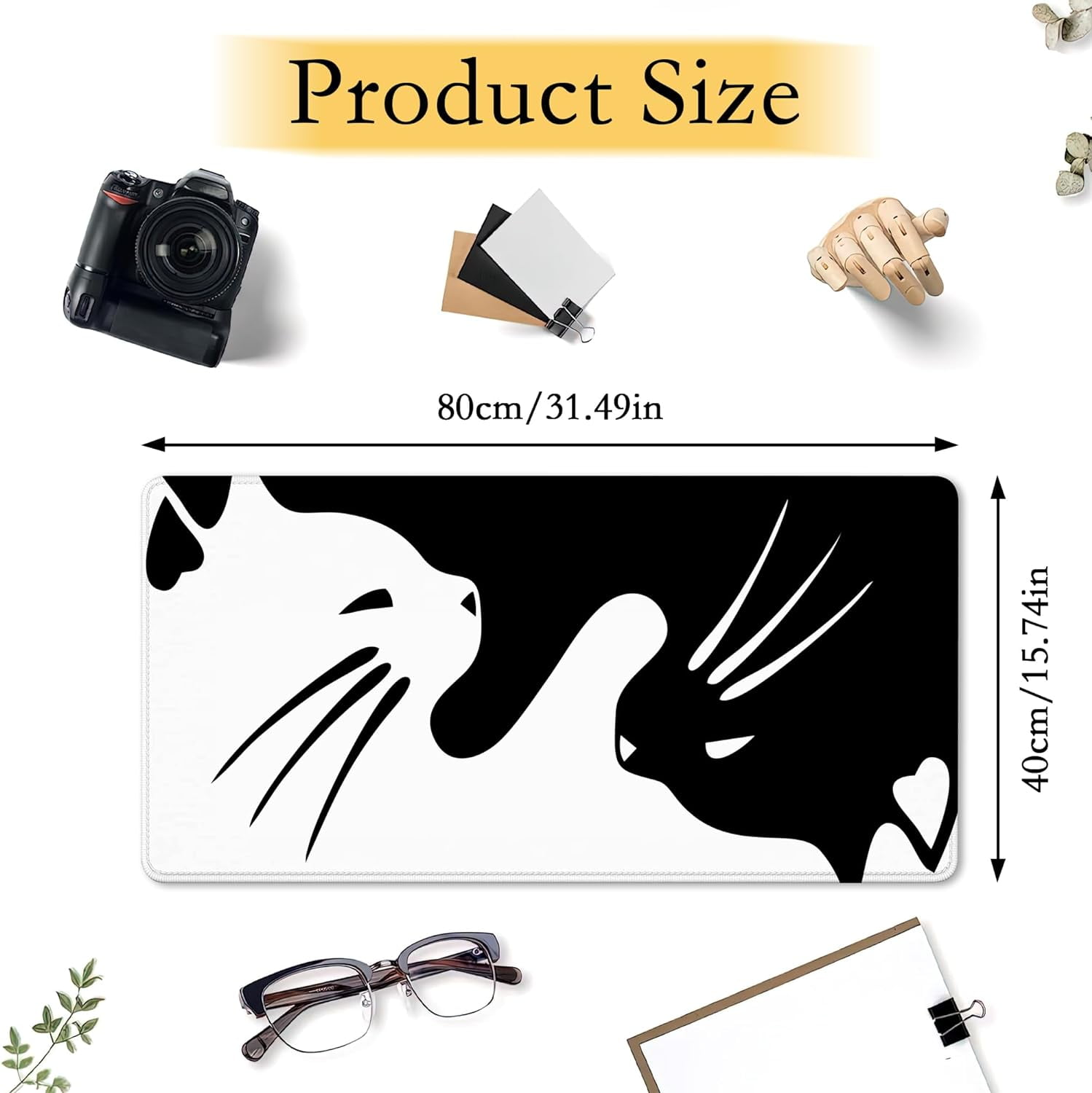 Cute Black and White Cats Desk Mat,Large Gaming Mouse Pad,Non-Slip Rubber Base Mousepad with Stitched Edges,Waterproof Mouse Mat Desk Pad for Work, Game, Office (31.5x15.7 in)