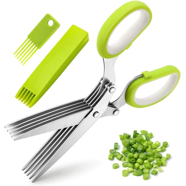 FansQ Tijeras para hierbas de cocina de acero inoxidable de 3 piezas Tijeras para hierbas multiusos de 5 hojas Cubierta con peine de limpieza y cuchillo para marcar Tijeras de cocina multifunción Vhermosa LKX-0705