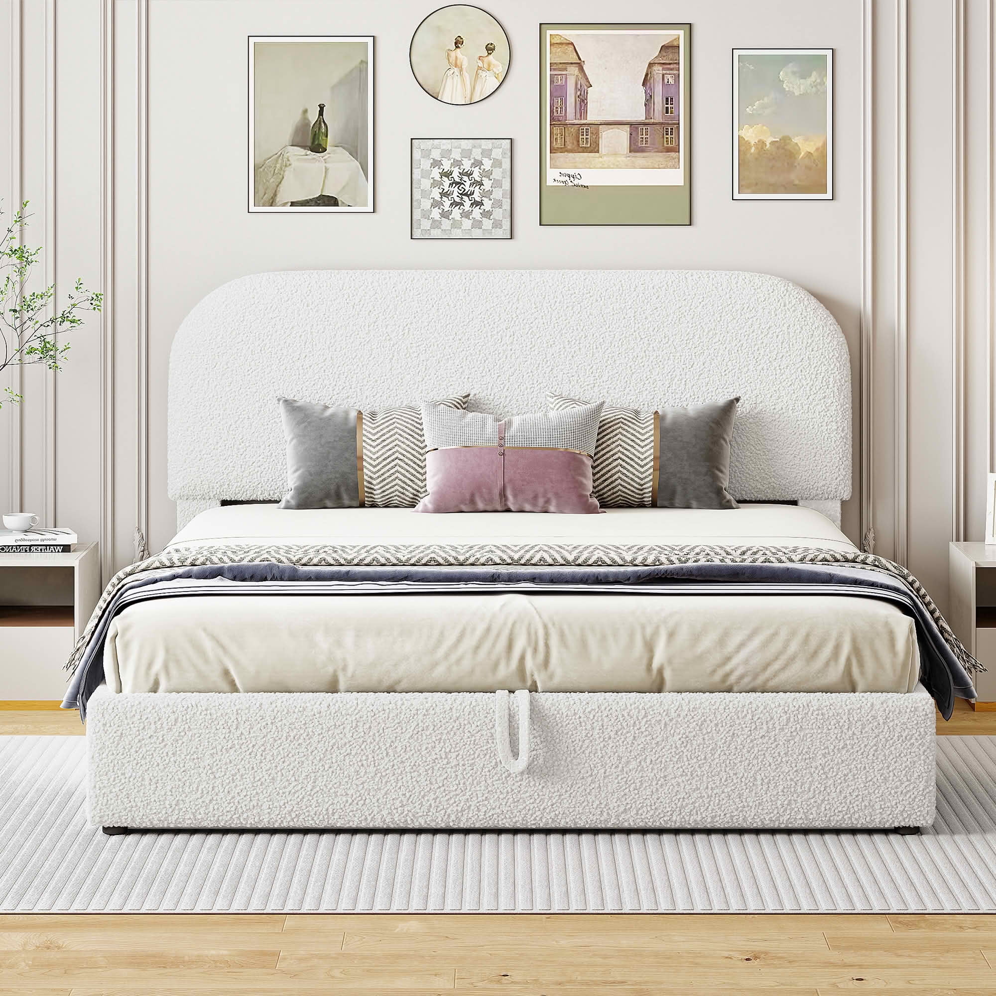 MAYEERTY Teddy Fleece Upholstered Platform Bed with Underbed Storage, Curved Design & Sturdy Solid Frame