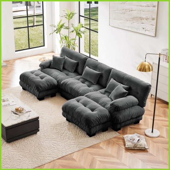 Luxury Chenille U-Shaped Modular Sectional Sofa – Deep Seat Cloud Couch with 2 Ottomans for Living Room, Gray